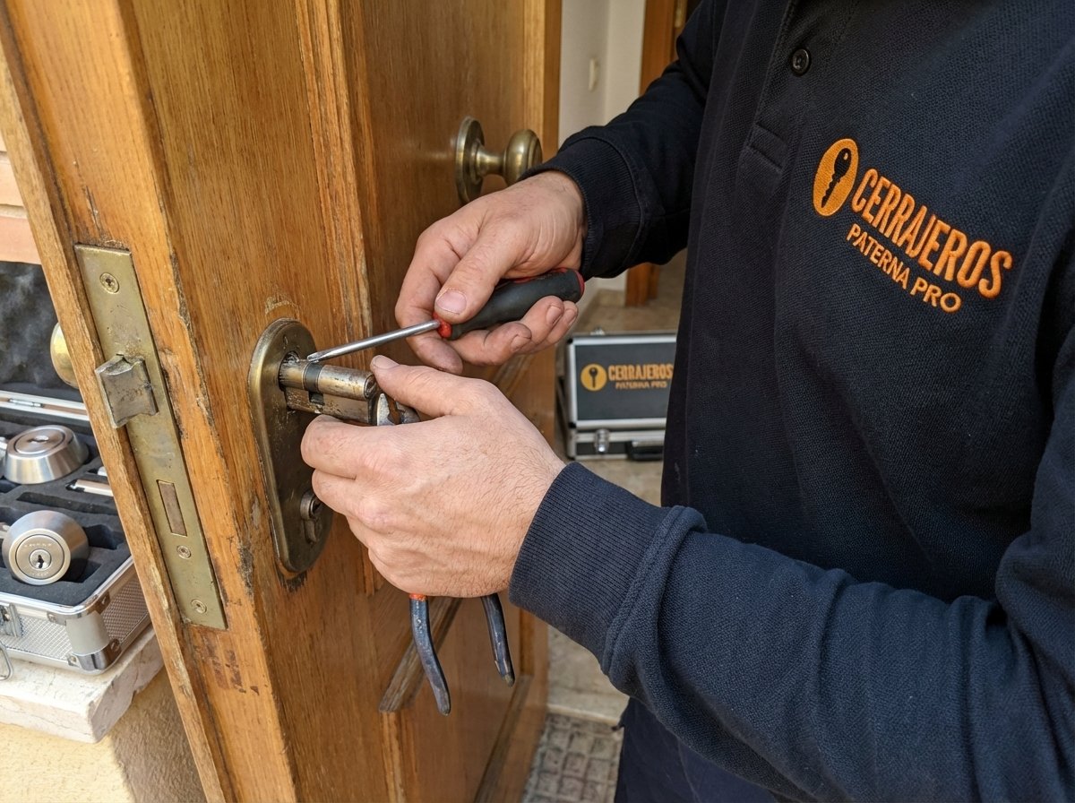 Equipo y piezas de cerraduras organizados por Cerrajeros Paterna Pro en taller